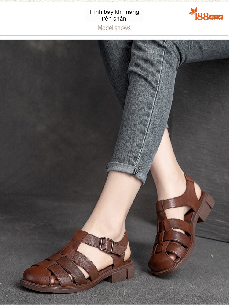 Dép Sandal Nữ Bít Mũi Quai Hậu Đế Bệt Đế Cao 3cm - 4cm Màu Trắng, Nâu, Đen chi tiết 8