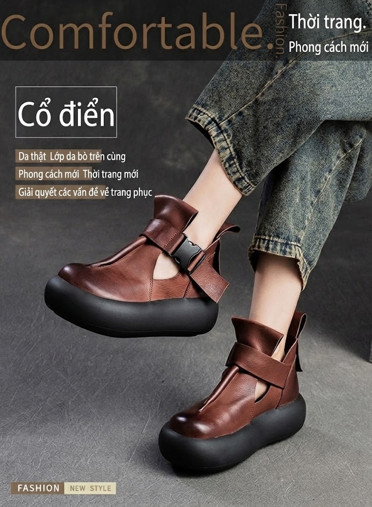 Dép Sandal Nữ Bít Mũi Quai Da Khóa Cài Phong Cách Vintage Đế Cao 4cm - 5cm Màu Đen, Nâu chi tiết 2
