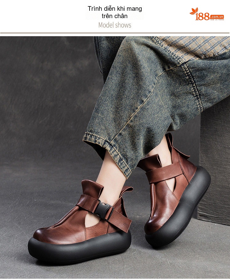 Dép Sandal Nữ Bít Mũi Quai Da Khóa Cài Phong Cách Vintage Đế Cao 4cm - 5cm Màu Đen, Nâu chi tiết 7