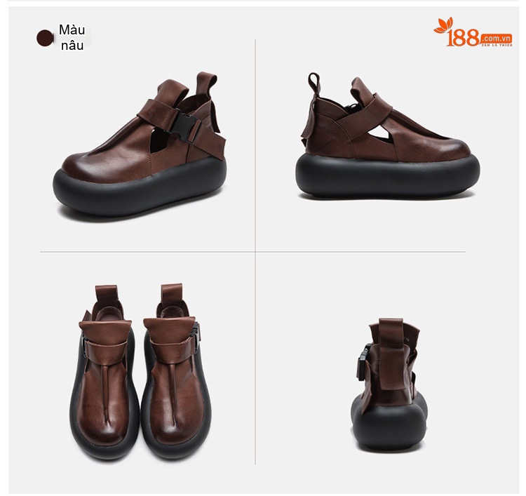 Dép Sandal Nữ Bít Mũi Quai Da Khóa Cài Phong Cách Vintage Đế Cao 4cm - 5cm Màu Đen, Nâu chi tiết 17