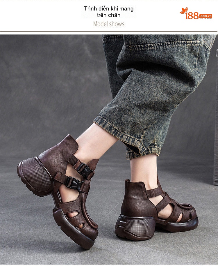 Dép Sandal Nữ Quai Hậu Da Mềm Khóa Cài Đế Cao 4cm - 5cm Màu Nâu, Đen, Kem chi tiết 6