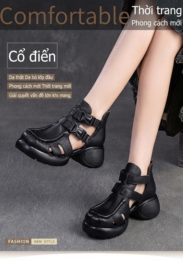 Dép Sandal Nữ Quai Hậu Da Mềm Khóa Cài Đế Cao 4cm - 5cm Màu Nâu, Đen, Kem chi tiết 1
