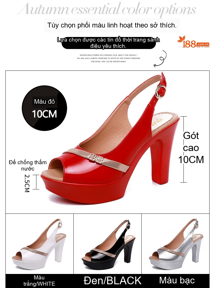 Giày Sandal Cao Gót Nữ Hở Ngón Quai Ngang Da Bóng Gót Cao 8cm Màu Đỏ, Trắng, Đen, Bạc chi tiết 1