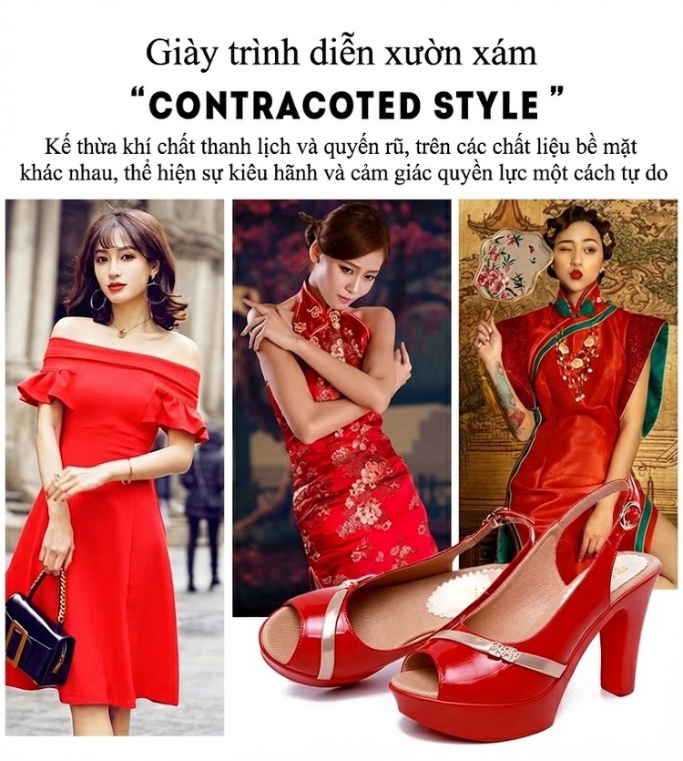 Giày Sandal Cao Gót Nữ Hở Ngón Quai Ngang Da Bóng Gót Cao 8cm Màu Đỏ, Trắng, Đen, Bạc chi tiết 3