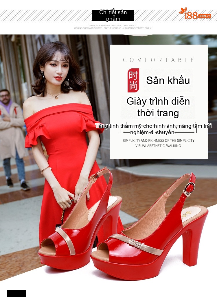 Giày Sandal Cao Gót Nữ Hở Ngón Quai Ngang Da Bóng Gót Cao 8cm Màu Đỏ, Trắng, Đen, Bạc chi tiết 6