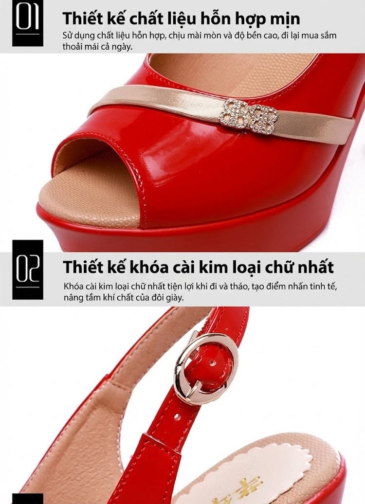 Giày Sandal Cao Gót Nữ Hở Ngón Quai Ngang Da Bóng Gót Cao 8cm Màu Đỏ, Trắng, Đen, Bạc chi tiết 7