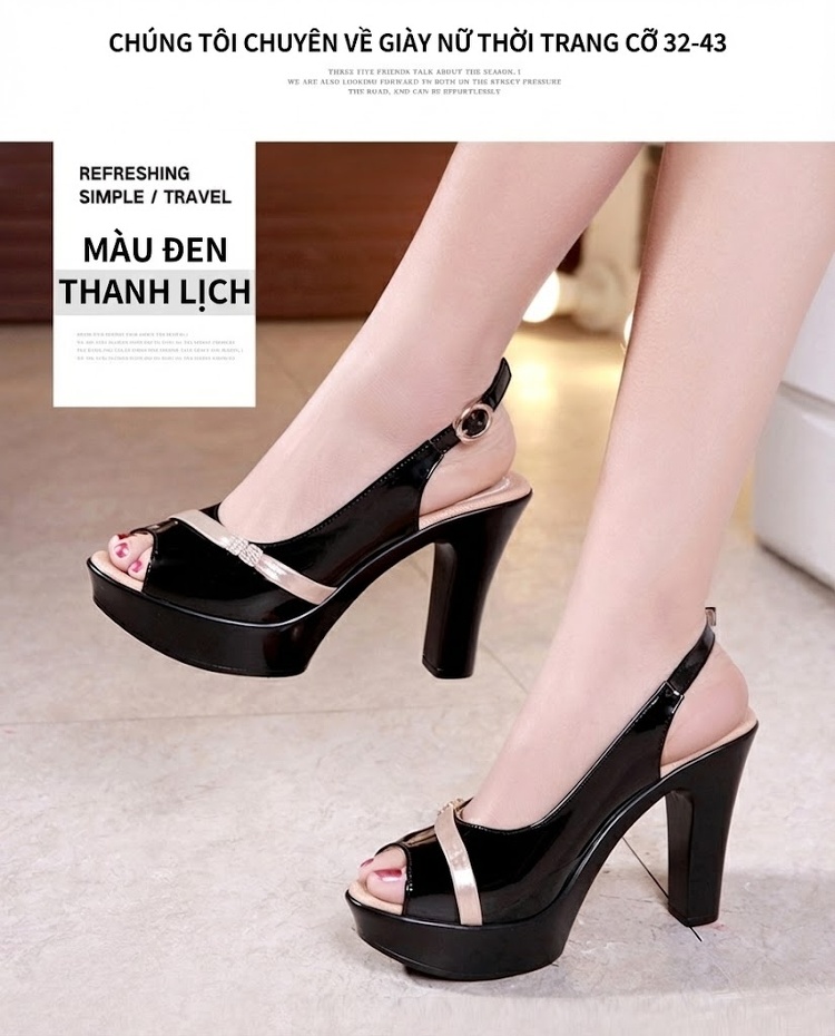 Giày Sandal Cao Gót Nữ Hở Ngón Quai Ngang Da Bóng Gót Cao 8cm Màu Đỏ, Trắng, Đen, Bạc chi tiết 11