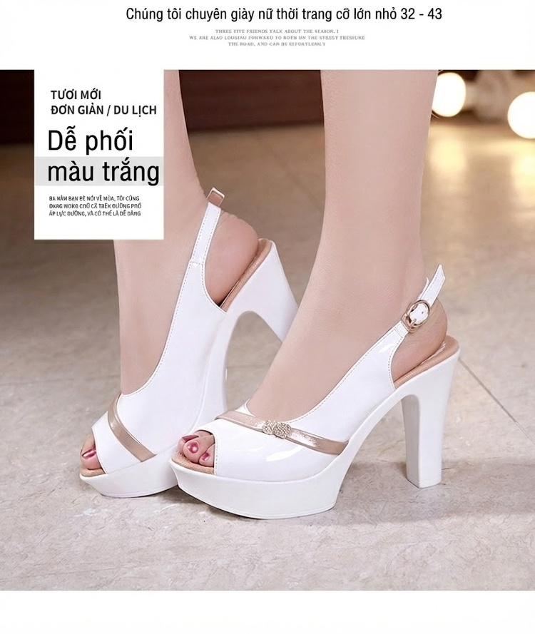 Giày Sandal Cao Gót Nữ Hở Ngón Quai Ngang Da Bóng Gót Cao 8cm Màu Đỏ, Trắng, Đen, Bạc chi tiết 13