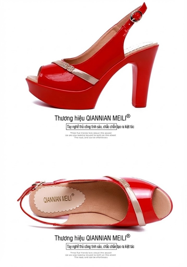 Giày Sandal Cao Gót Nữ Hở Ngón Quai Ngang Da Bóng Gót Cao 8cm Màu Đỏ, Trắng, Đen, Bạc chi tiết 16