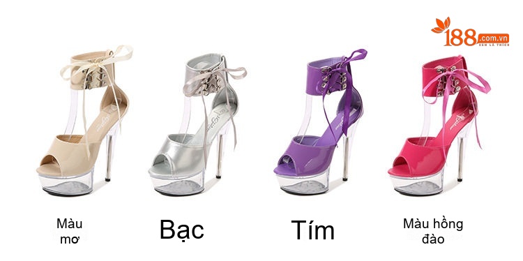 Giày Sandal Cao Gót Nữ Đinh Tán Quai Cổ Chân Gót Nhọn Siêu Cao 13cm-15cm Da Bóng Đế Trong Suốt Màu Đen, Đỏ, Kem, Vàng... chi tiết 3