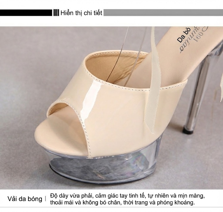 Giày Sandal Cao Gót Nữ Đinh Tán Quai Cổ Chân Gót Nhọn Siêu Cao 13cm-15cm Da Bóng Đế Trong Suốt Màu Đen, Đỏ, Kem, Vàng... chi tiết 4