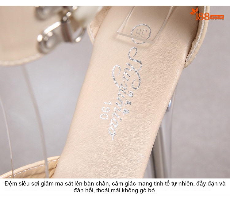 Giày Sandal Cao Gót Nữ Đinh Tán Quai Cổ Chân Gót Nhọn Siêu Cao 13cm-15cm Da Bóng Đế Trong Suốt Màu Đen, Đỏ, Kem, Vàng... chi tiết 5