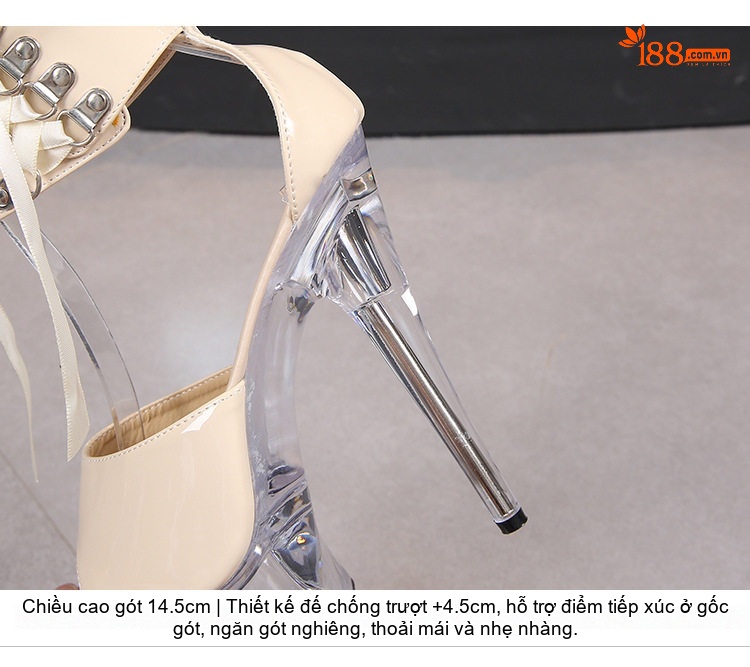 Giày Sandal Cao Gót Nữ Đinh Tán Quai Cổ Chân Gót Nhọn Siêu Cao 13cm-15cm Da Bóng Đế Trong Suốt Màu Đen, Đỏ, Kem, Vàng... chi tiết 6