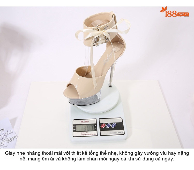 Giày Sandal Cao Gót Nữ Đinh Tán Quai Cổ Chân Gót Nhọn Siêu Cao 13cm-15cm Da Bóng Đế Trong Suốt Màu Đen, Đỏ, Kem, Vàng... chi tiết 9