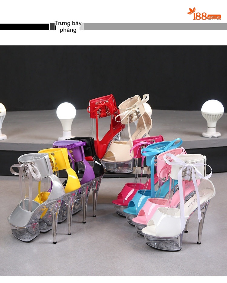 Giày Sandal Cao Gót Nữ Đinh Tán Quai Cổ Chân Gót Nhọn Siêu Cao 13cm-15cm Da Bóng Đế Trong Suốt Màu Đen, Đỏ, Kem, Vàng... chi tiết 40