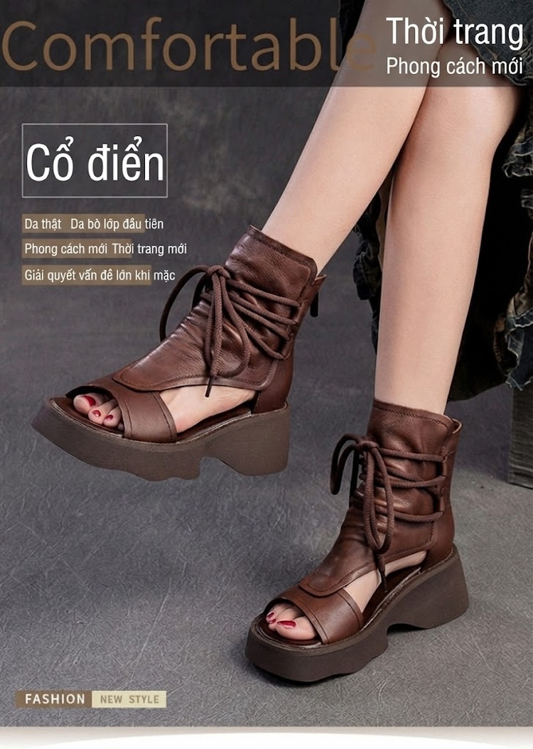 Dép Sandal Nữ Cổ Cao Hở Ngón Da Mờ Buộc Dây Đế Cao 5cm - 6cm Màu Đen, Nâu chi tiết 2