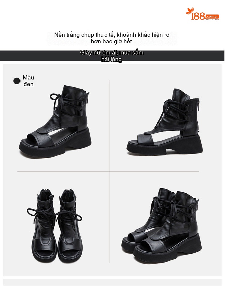 Dép Sandal Nữ Cổ Cao Hở Ngón Da Mờ Buộc Dây Đế Cao 5cm - 6cm Màu Đen, Nâu chi tiết 18
