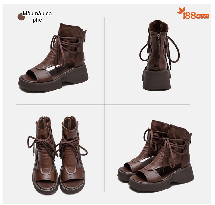 Dép Sandal Nữ Cổ Cao Hở Ngón Da Mờ Buộc Dây Đế Cao 5cm - 6cm Màu Đen, Nâu chi tiết 20