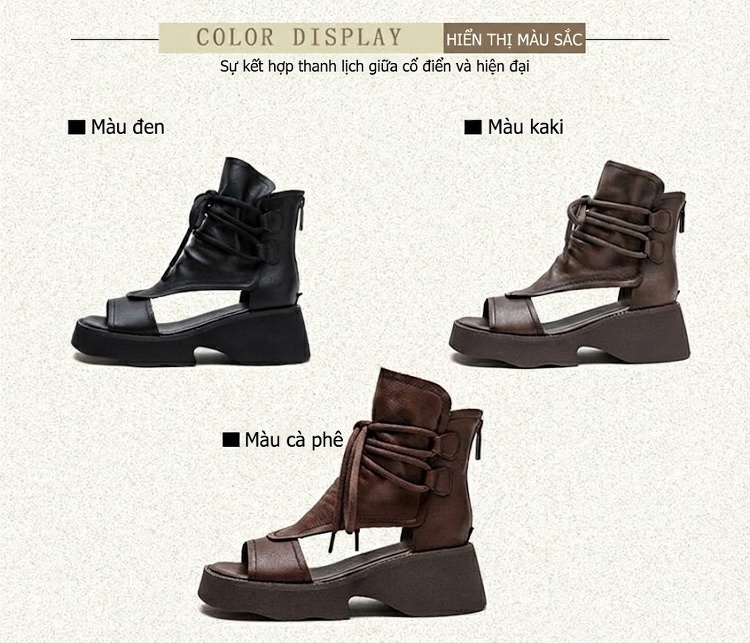 Dép Sandal Nữ Cổ Cao Hở Ngón Da Mờ Buộc Dây Đế Cao 5cm - 6cm Màu Đen, Nâu chi tiết 3