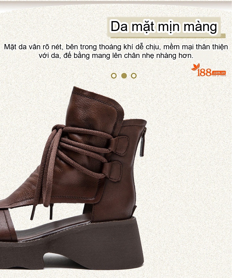 Dép Sandal Nữ Cổ Cao Hở Ngón Da Mờ Buộc Dây Đế Cao 5cm - 6cm Màu Đen, Nâu chi tiết 4