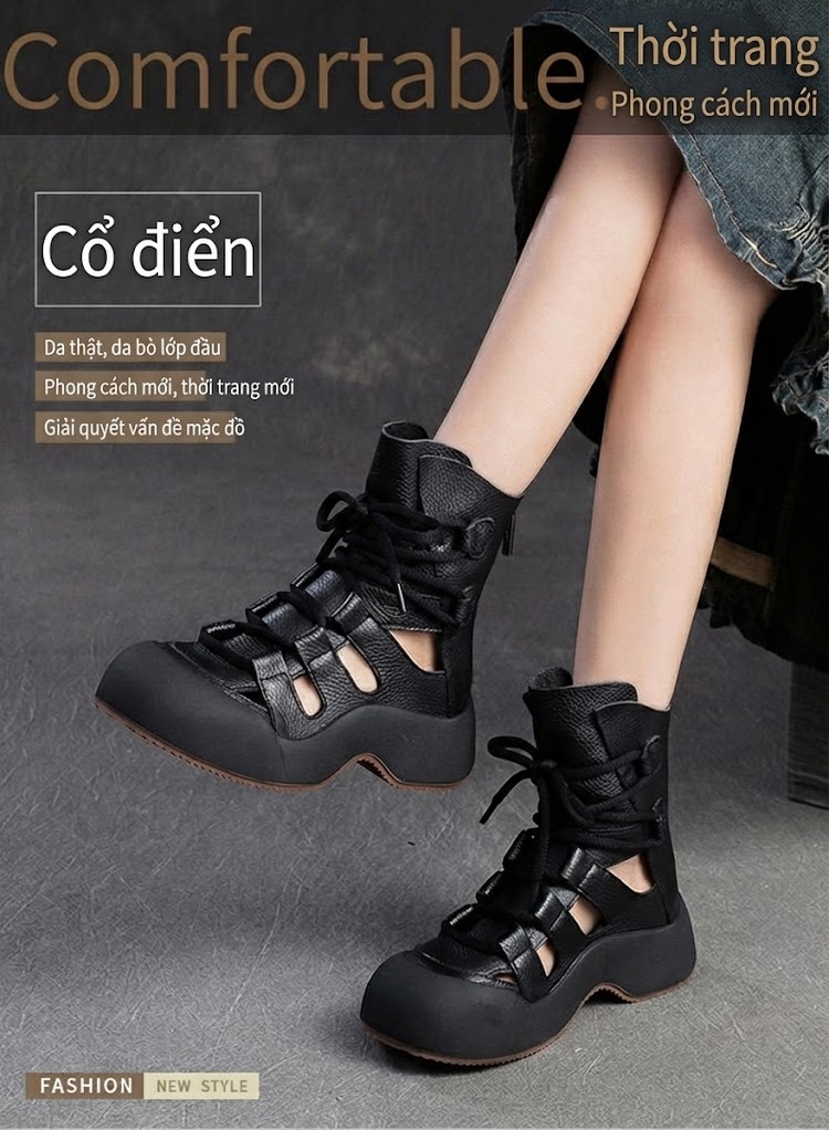 Giày Bốt Nữ Cổ Lửng Da Mờ L鏤空透气 Buộc Dây Đế Cao 4cm - 5cm Màu Đen, Nâu chi tiết 1