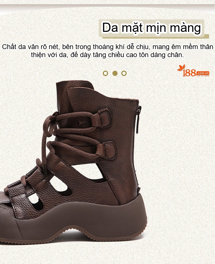 Giày Bốt Nữ Cổ Lửng Da Mờ L鏤空透气 Buộc Dây Đế Cao 4cm - 5cm Màu Đen, Nâu chi tiết 2