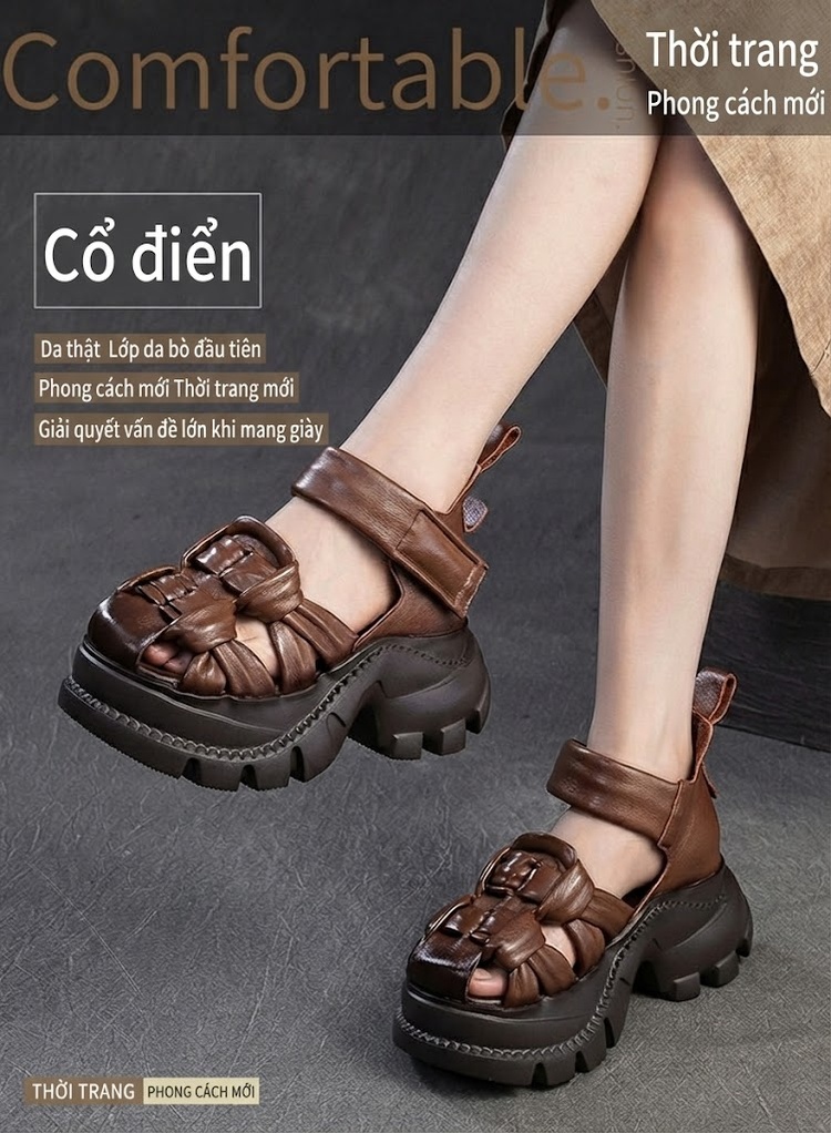 Dép Sandal Nữ Da Bò Mũi Hở Đế Cao 5cm - 6cm Quai Dệt Màu Đen, Xám, Nâu, Xanh... chi tiết 2