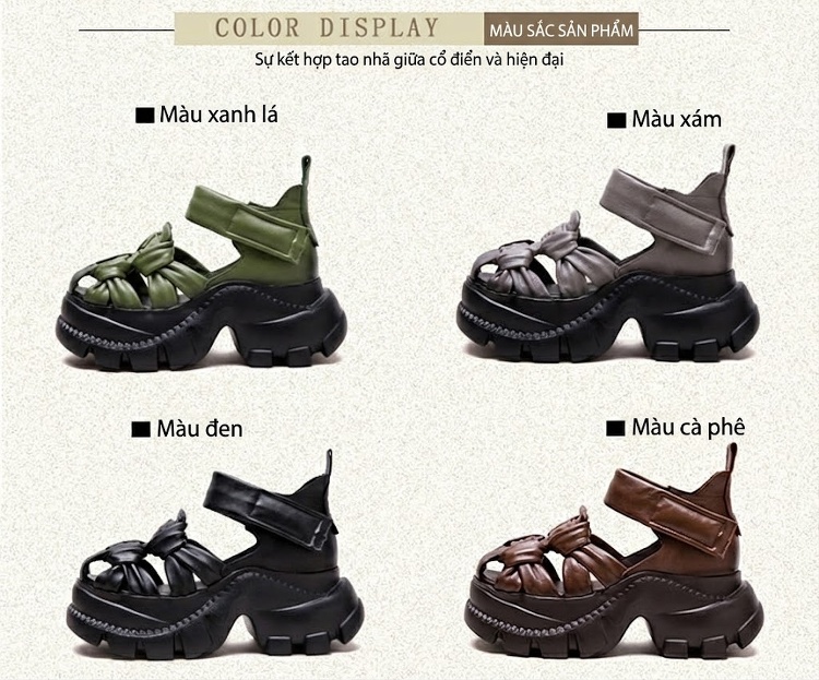 Dép Sandal Nữ Da Bò Mũi Hở Đế Cao 5cm - 6cm Quai Dệt Màu Đen, Xám, Nâu, Xanh... chi tiết 3