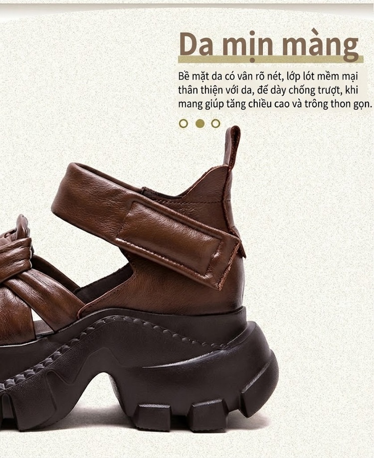 Dép Sandal Nữ Da Bò Mũi Hở Đế Cao 5cm - 6cm Quai Dệt Màu Đen, Xám, Nâu, Xanh... chi tiết 4