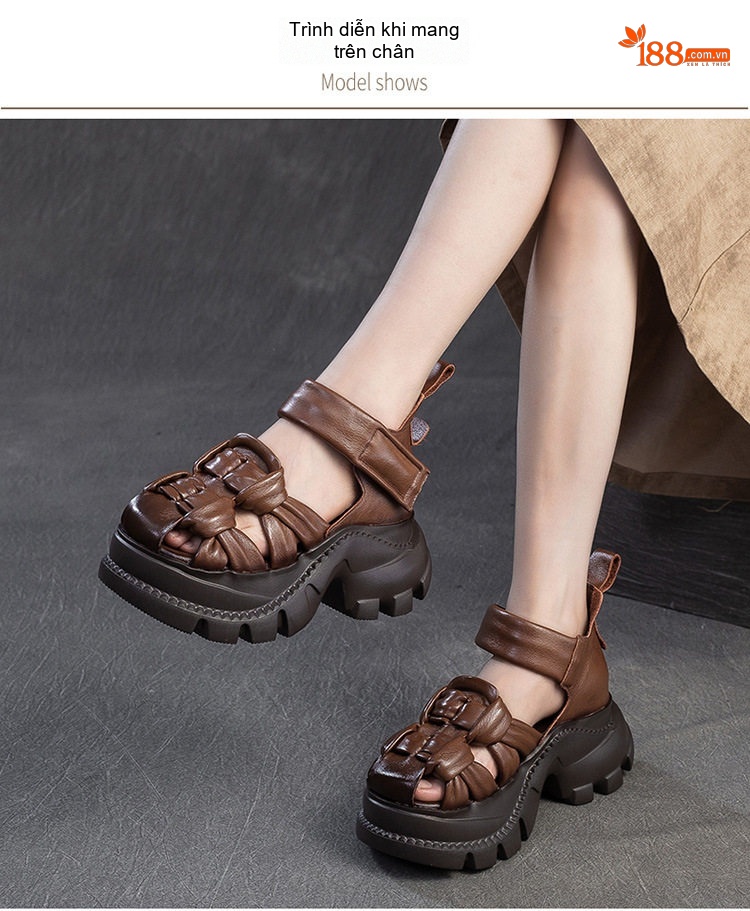 Dép Sandal Nữ Da Bò Mũi Hở Đế Cao 5cm - 6cm Quai Dệt Màu Đen, Xám, Nâu, Xanh... chi tiết 8