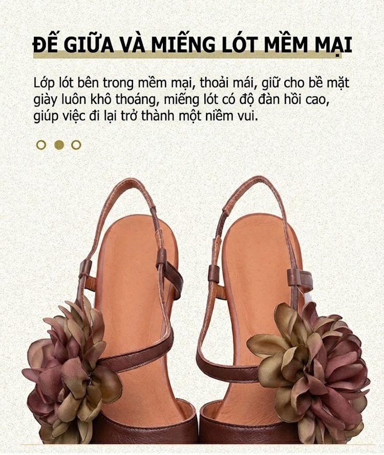 Dép Sandal Nữ Da Bò Bít Mũi Trang Trí Hoa Đế Cao 3cm - 4cm Màu Nâu, Xám chi tiết 6