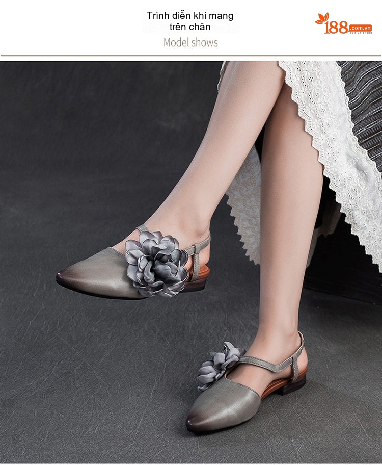 Dép Sandal Nữ Da Bò Bít Mũi Trang Trí Hoa Đế Cao 3cm - 4cm Màu Nâu, Xám chi tiết 7