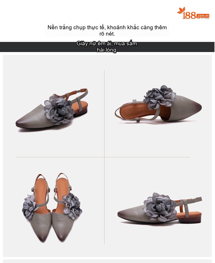 Dép Sandal Nữ Da Bò Bít Mũi Trang Trí Hoa Đế Cao 3cm - 4cm Màu Nâu, Xám chi tiết 16