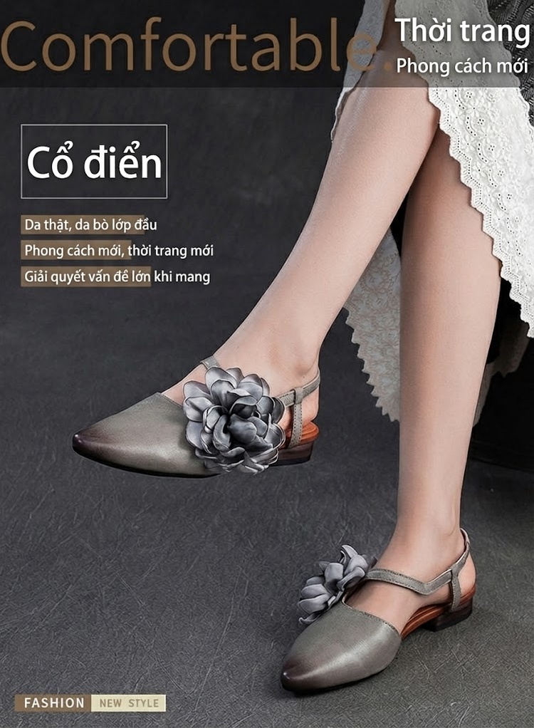 Dép Sandal Nữ Da Bò Bít Mũi Trang Trí Hoa Đế Cao 3cm - 4cm Màu Nâu, Xám chi tiết 1