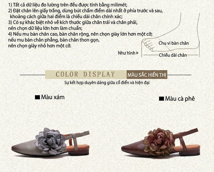 Dép Sandal Nữ Da Bò Bít Mũi Trang Trí Hoa Đế Cao 3cm - 4cm Màu Nâu, Xám chi tiết 2