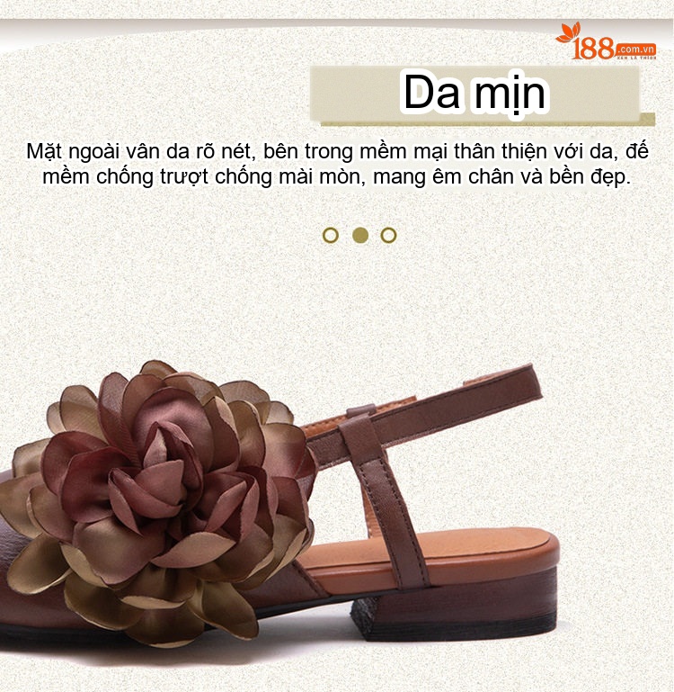 Dép Sandal Nữ Da Bò Bít Mũi Trang Trí Hoa Đế Cao 3cm - 4cm Màu Nâu, Xám chi tiết 3