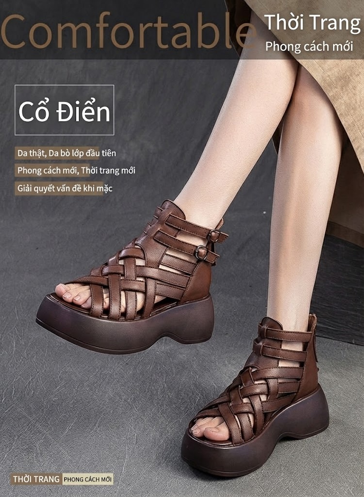 Dép Sandal Nữ Da Bò Đan Dây Đế Cao 5cm - 6cm Màu Đen, Xanh, Nâu chi tiết 1