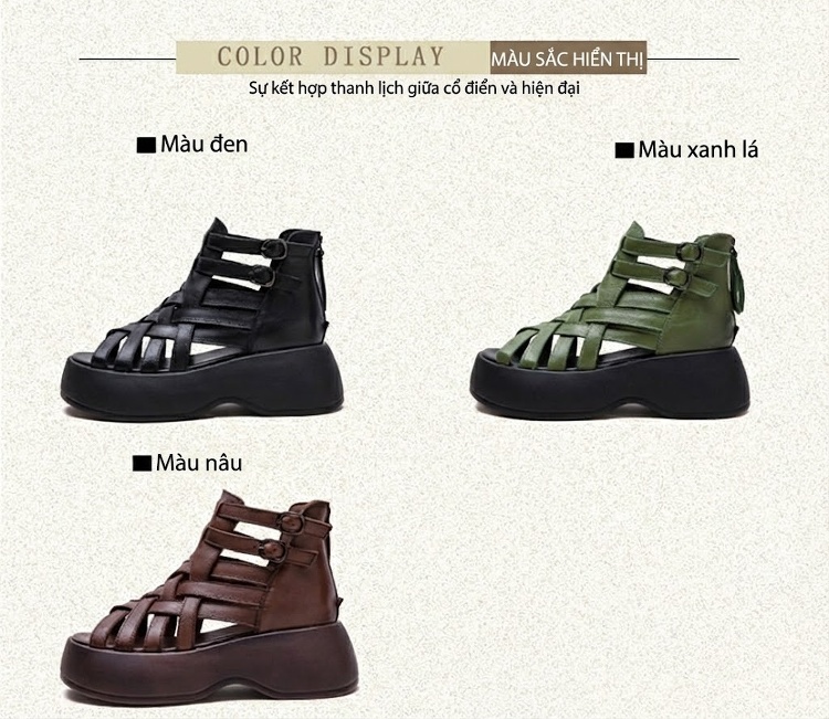 Dép Sandal Nữ Da Bò Đan Dây Đế Cao 5cm - 6cm Màu Đen, Xanh, Nâu chi tiết 2