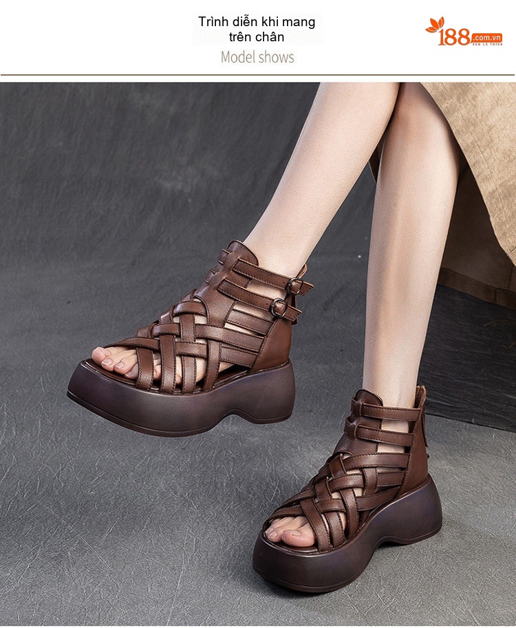 Dép Sandal Nữ Da Bò Đan Dây Đế Cao 5cm - 6cm Màu Đen, Xanh, Nâu chi tiết 7