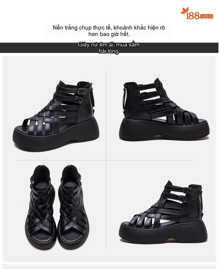 Dép Sandal Nữ Da Bò Đan Dây Đế Cao 5cm - 6cm Màu Đen, Xanh, Nâu chi tiết 16