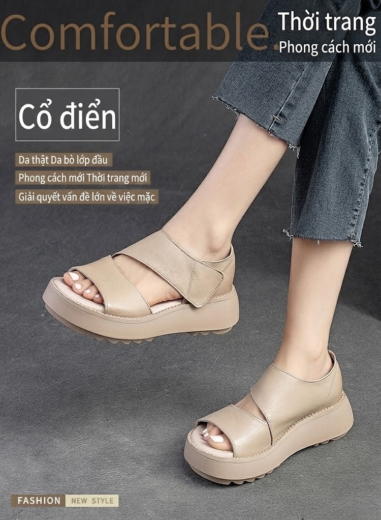 Dép Sandal Nữ Da Bò Quai Ngang Đế Bệt Đế Cao 4cm - 5cm Màu Nâu, Đen, Kem chi tiết 2