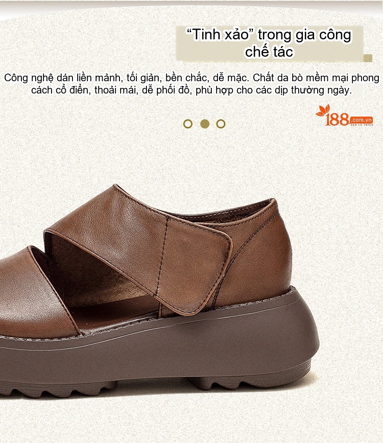 Dép Sandal Nữ Da Bò Quai Ngang Đế Bệt Đế Cao 4cm - 5cm Màu Nâu, Đen, Kem chi tiết 3