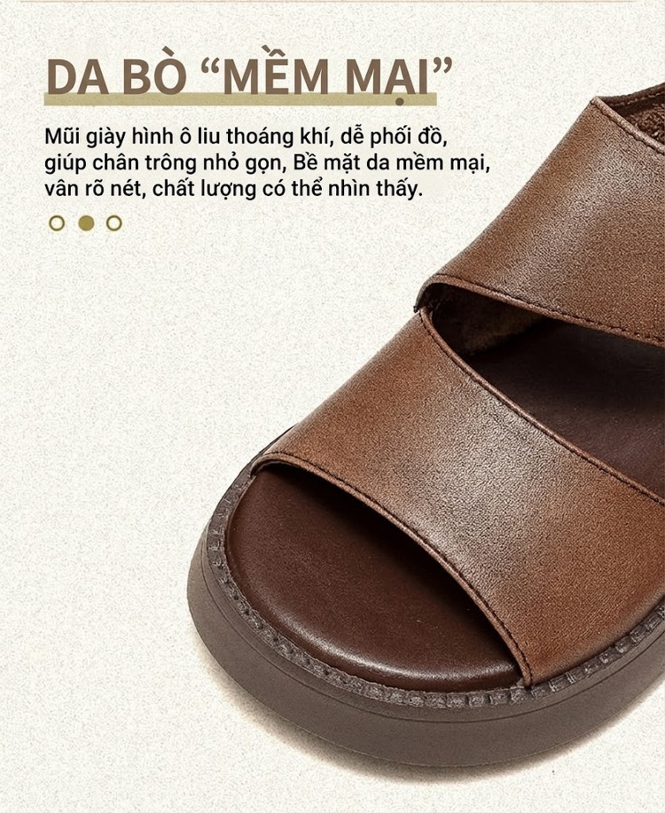 Dép Sandal Nữ Da Bò Quai Ngang Đế Bệt Đế Cao 4cm - 5cm Màu Nâu, Đen, Kem chi tiết 4