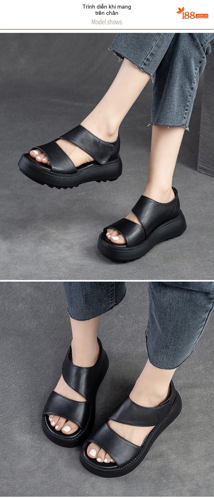 Dép Sandal Nữ Da Bò Quai Ngang Đế Bệt Đế Cao 4cm - 5cm Màu Nâu, Đen, Kem chi tiết 7