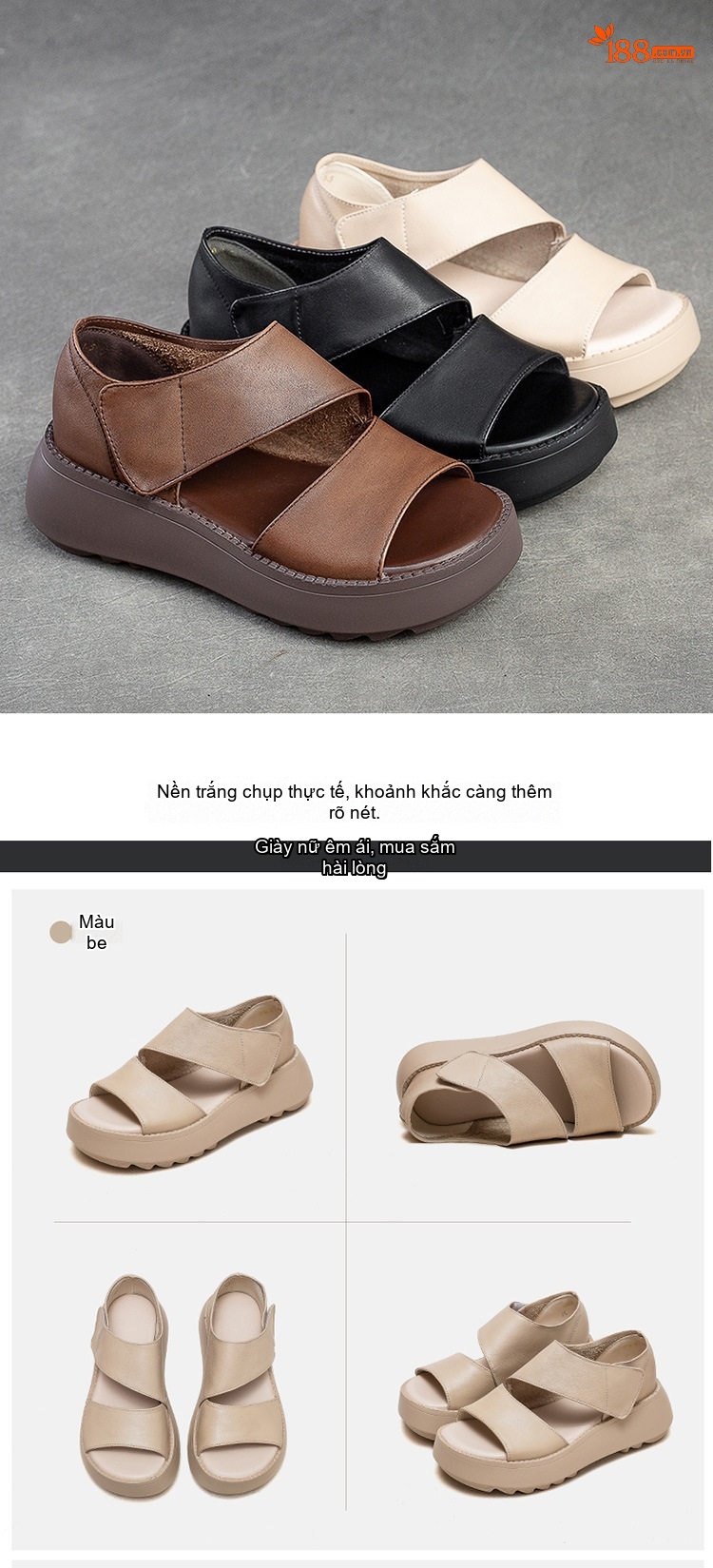 Dép Sandal Nữ Da Bò Quai Ngang Đế Bệt Đế Cao 4cm - 5cm Màu Nâu, Đen, Kem chi tiết 14