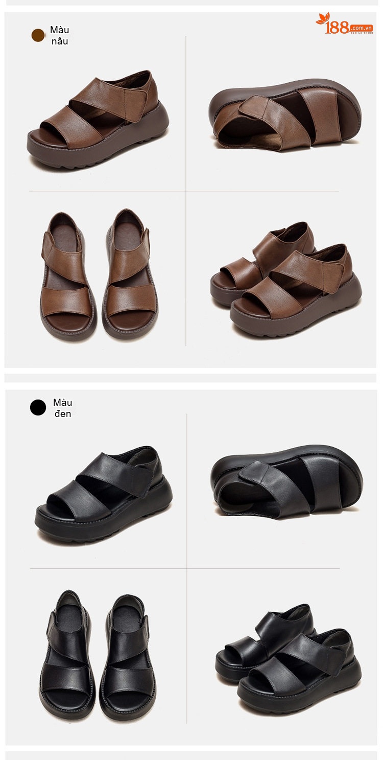 Dép Sandal Nữ Da Bò Quai Ngang Đế Bệt Đế Cao 4cm - 5cm Màu Nâu, Đen, Kem chi tiết 15