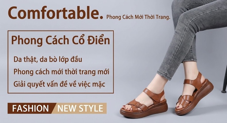 Dép Sandal Nữ Da Bò Quai Chéo Đế Cao 5cm - 6cm Màu Đen, Trắng, Nâu chi tiết 2