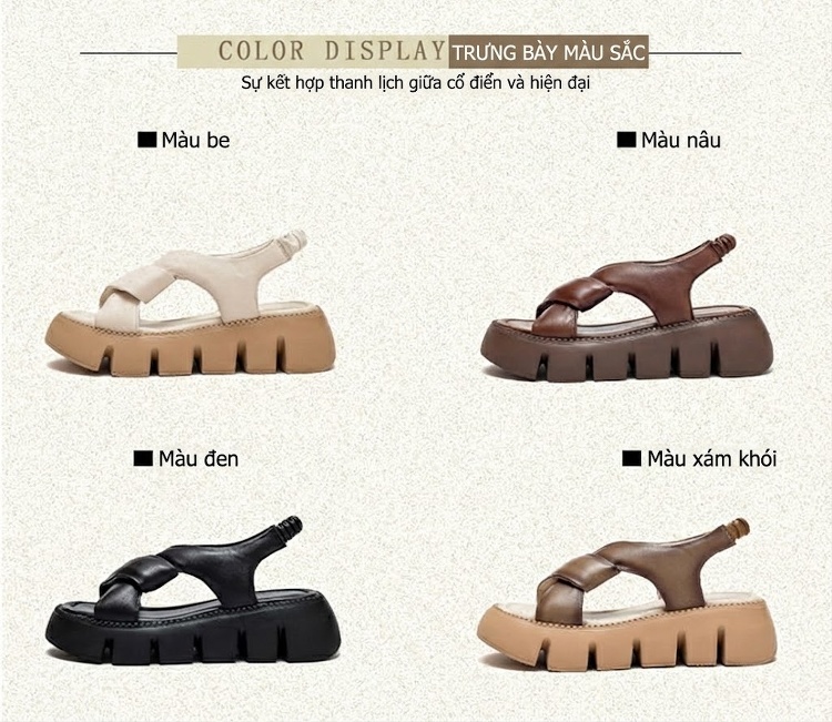 Dép Sandal Nữ Da Bò Quai Chéo Đế Cao 5cm - 6cm Màu Đen, Trắng, Nâu chi tiết 3