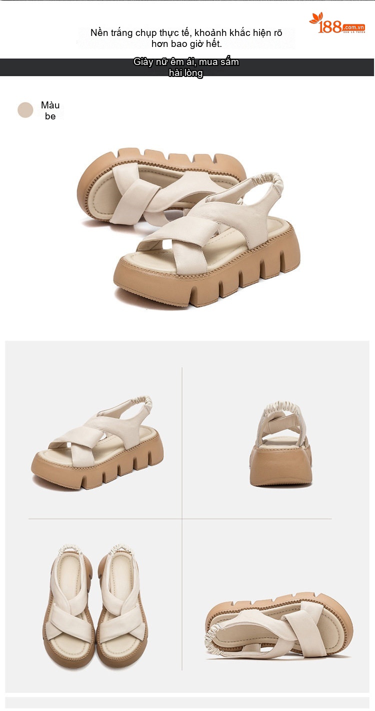 Dép Sandal Nữ Da Bò Quai Chéo Đế Cao 5cm - 6cm Màu Đen, Trắng, Nâu chi tiết 15