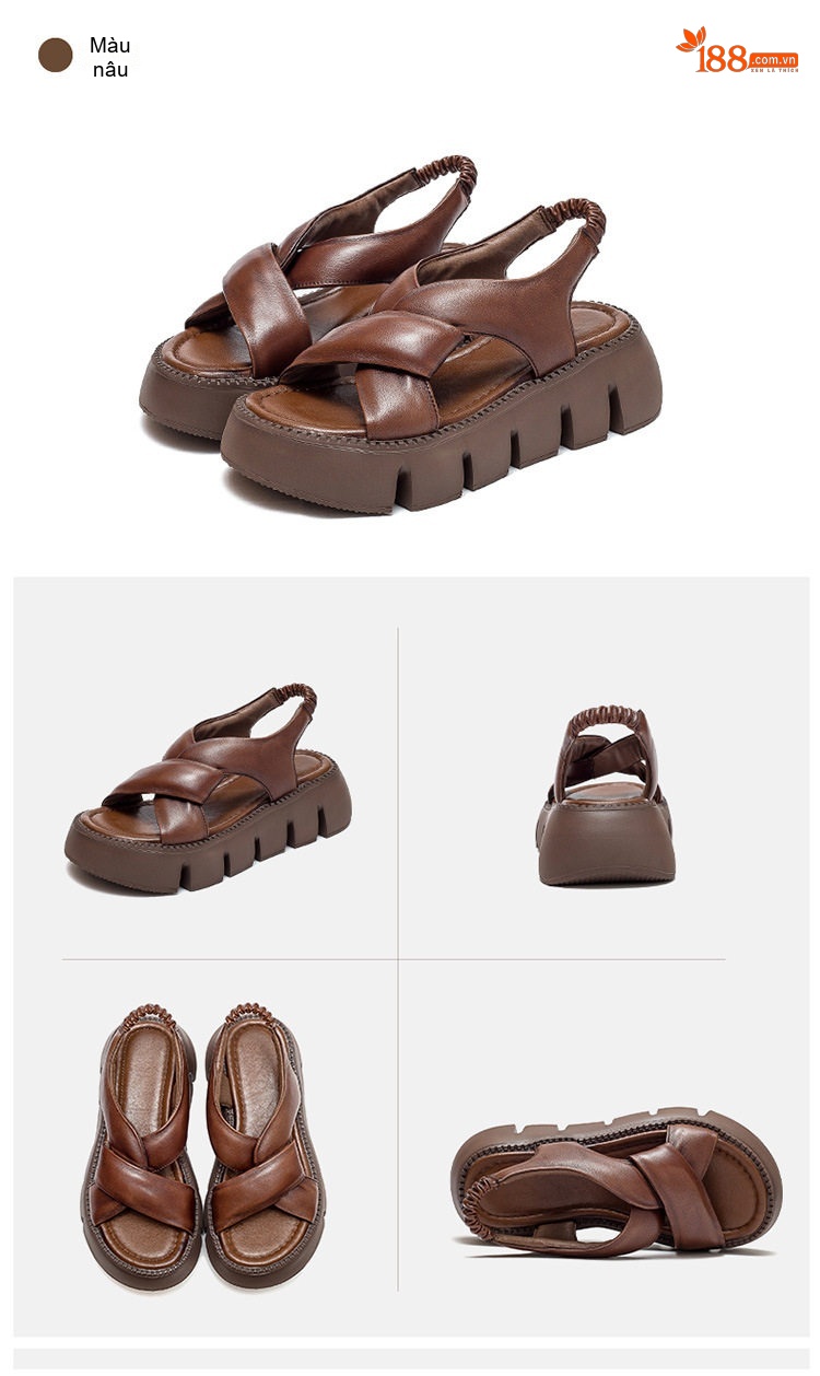 Dép Sandal Nữ Da Bò Quai Chéo Đế Cao 5cm - 6cm Màu Đen, Trắng, Nâu chi tiết 16